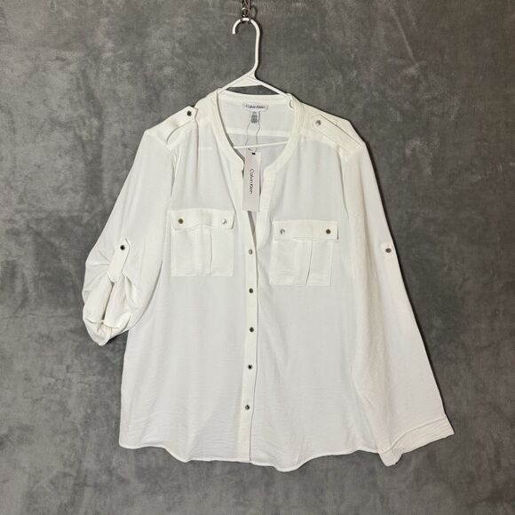 NWT Calvin Klein Top XL Soft White V-Neck Roll Tab Sleeve Career Office Button - Picture 2 of 11